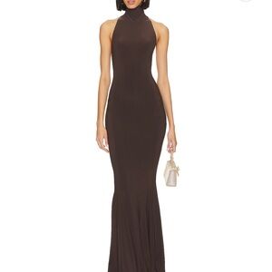 Norma Kamali halter fishtail gown chocolate